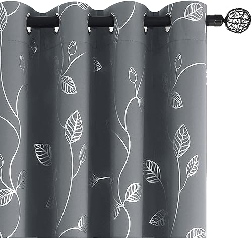Miniatura 12 de BUHUA Cortinas opacas con estampado de hojas plateadas onduladas para sala de estar, cortinas de oscurecimiento con bloqueo de luz para dormitorio
