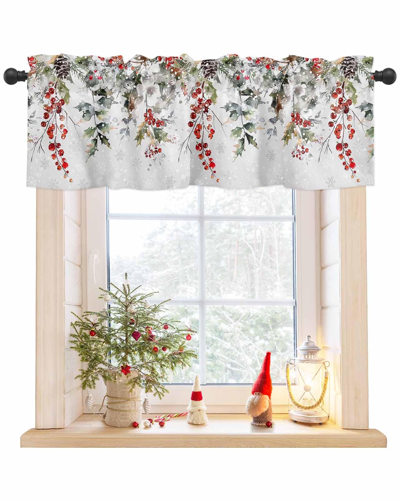FuturehomeStar Christmas Window Valance Rod Pocket Short Curtain Valance,Cedar Leaves Berry Branch Christmas Valance Topper,Winter Kitchen Curtains