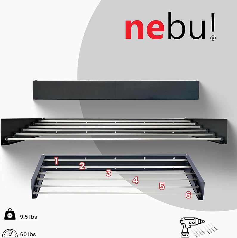 nebu! Összecsukható Fali Ruhaszárító 100 cm - Antracit Alumínium, 6 Méter Szárítófelület, Beltéri és Kültéri Használatra, Törölközőkhöz, Ruh
