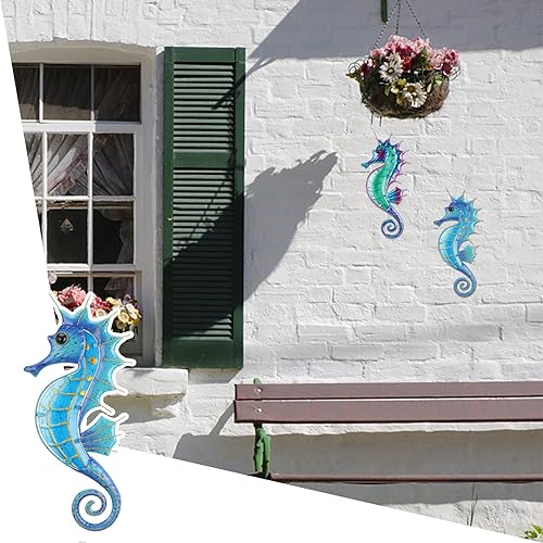 Miniatura 4 de VCUTEKA Decoración de pared de caballito de mar de metal para exteriores, escultura de pared de caballito de mar, escultura de vidrio para
