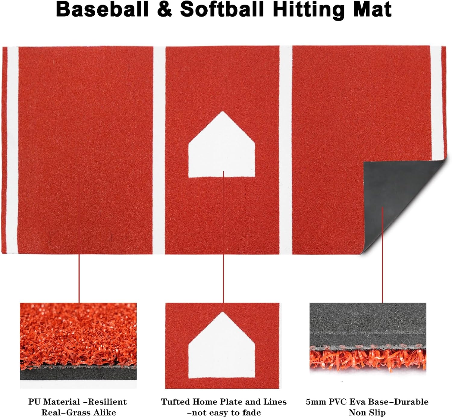 Baseball Batting Mat, 10 * 3.8ft Softball Hitting Mat, Baseball Training Turf Mat for Indoor &Outdoor-1 Baseball Batting,3 Balls Included