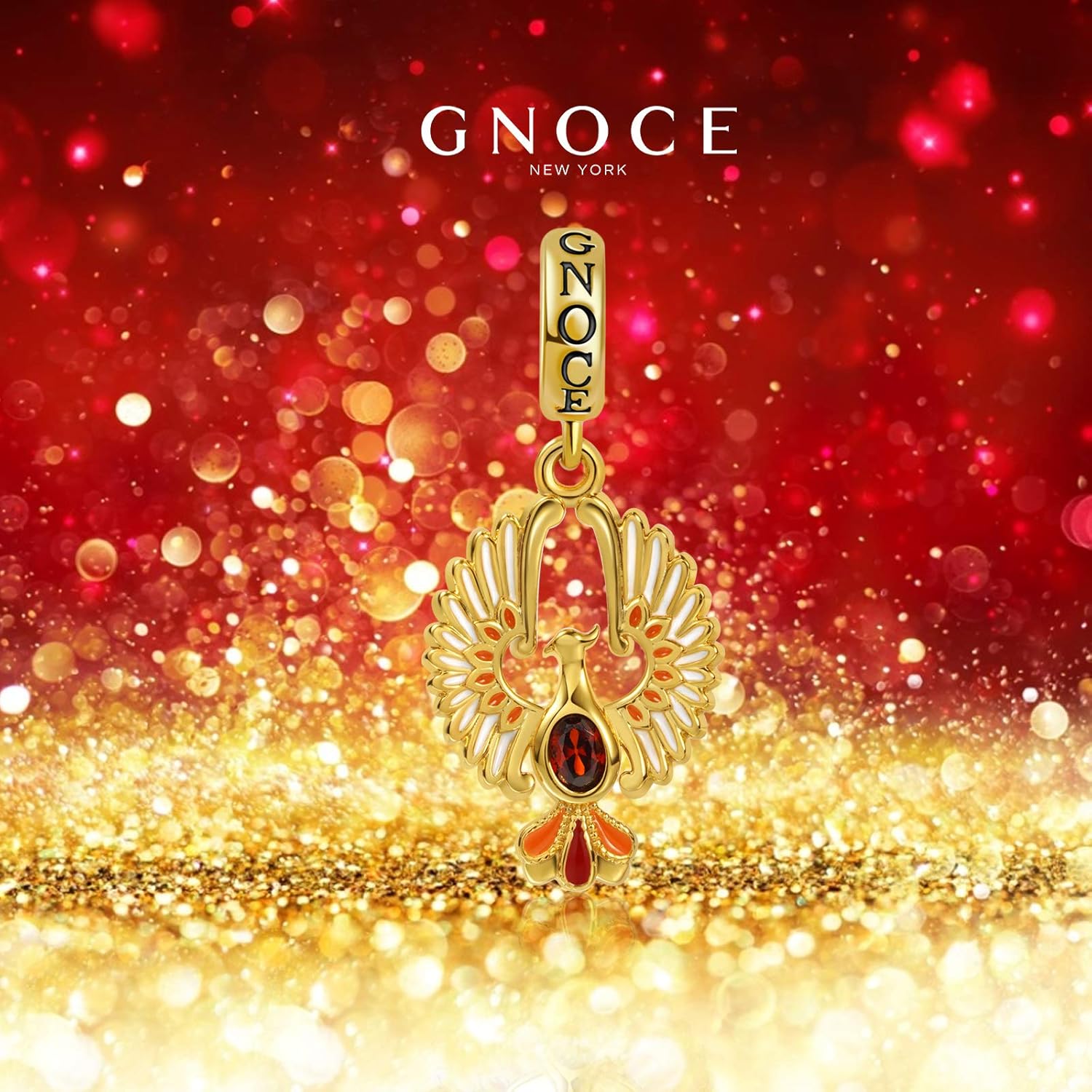 GNOCE Golden Phoenix Pendant Charm Sterling Silver 18k Gold Dangle Charm with Oval Cut Ruby Fit Bracelet/Necklace For Women