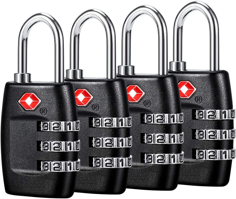 TSA Luggage Locks (4Pack) - 3 Digit Combination Padlocks - Approved Travel Lock for Suitcases & Baggage (Black)