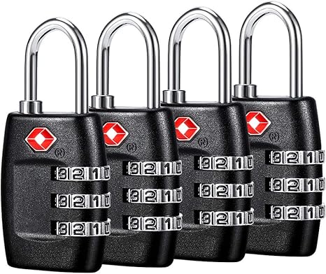 TSA Luggage Locks (4Pack) - 3 Digit Combination Padlocks - Approved Travel Lock for Suitcases & Baggage (Black)