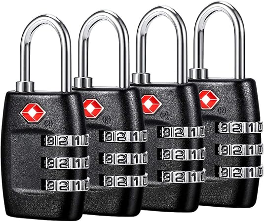 TSA Luggage Locks (4Pack) - 3 Digit Combination Padlocks - Approved Travel Lock for Suitcases & Baggage (Black)