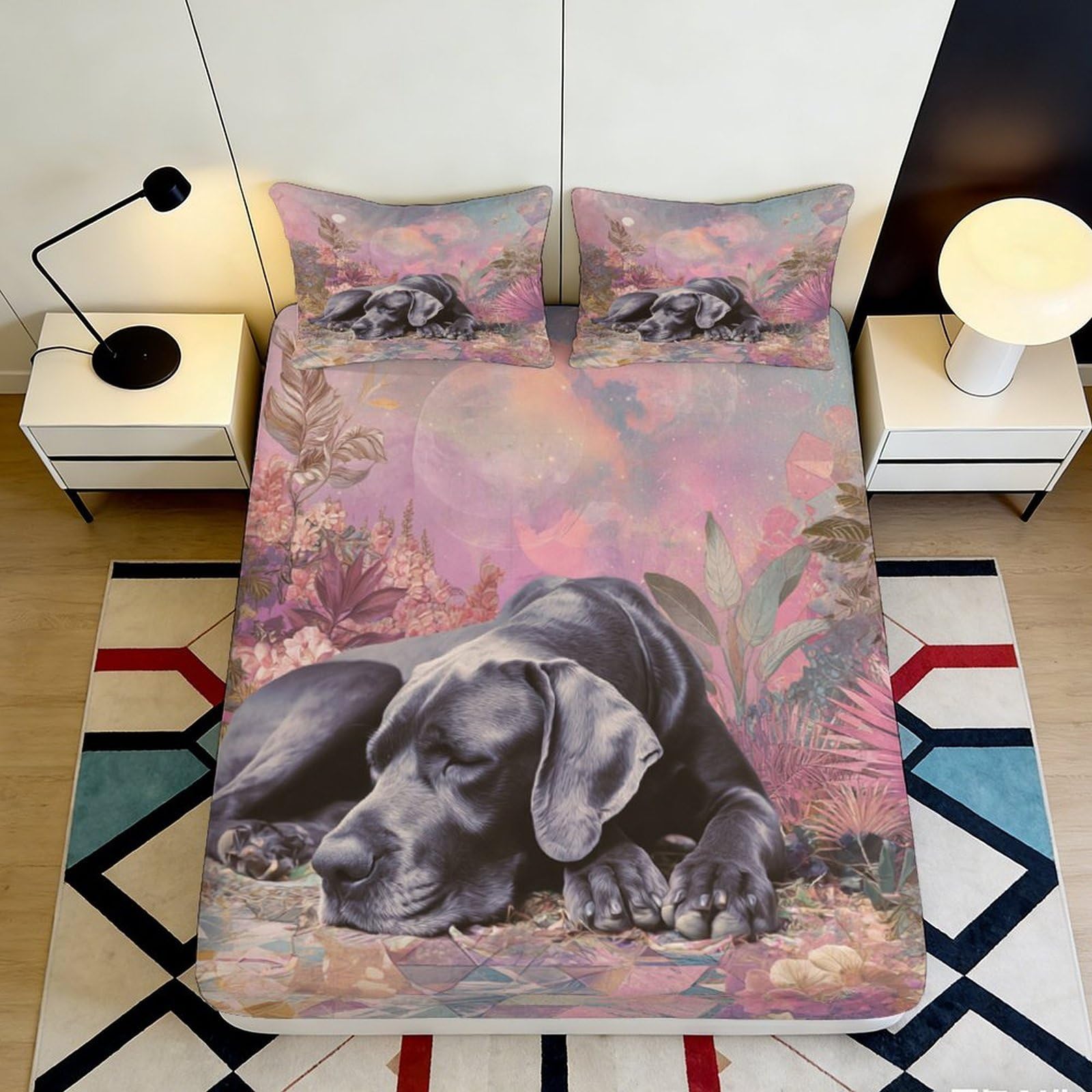 3D Printed Dreamy Dog Art Fitted Sheet Microfiber Soft Breathable Pastel Floral Mattress Cover for Bedroom Dorm Decor 90x200x25cm