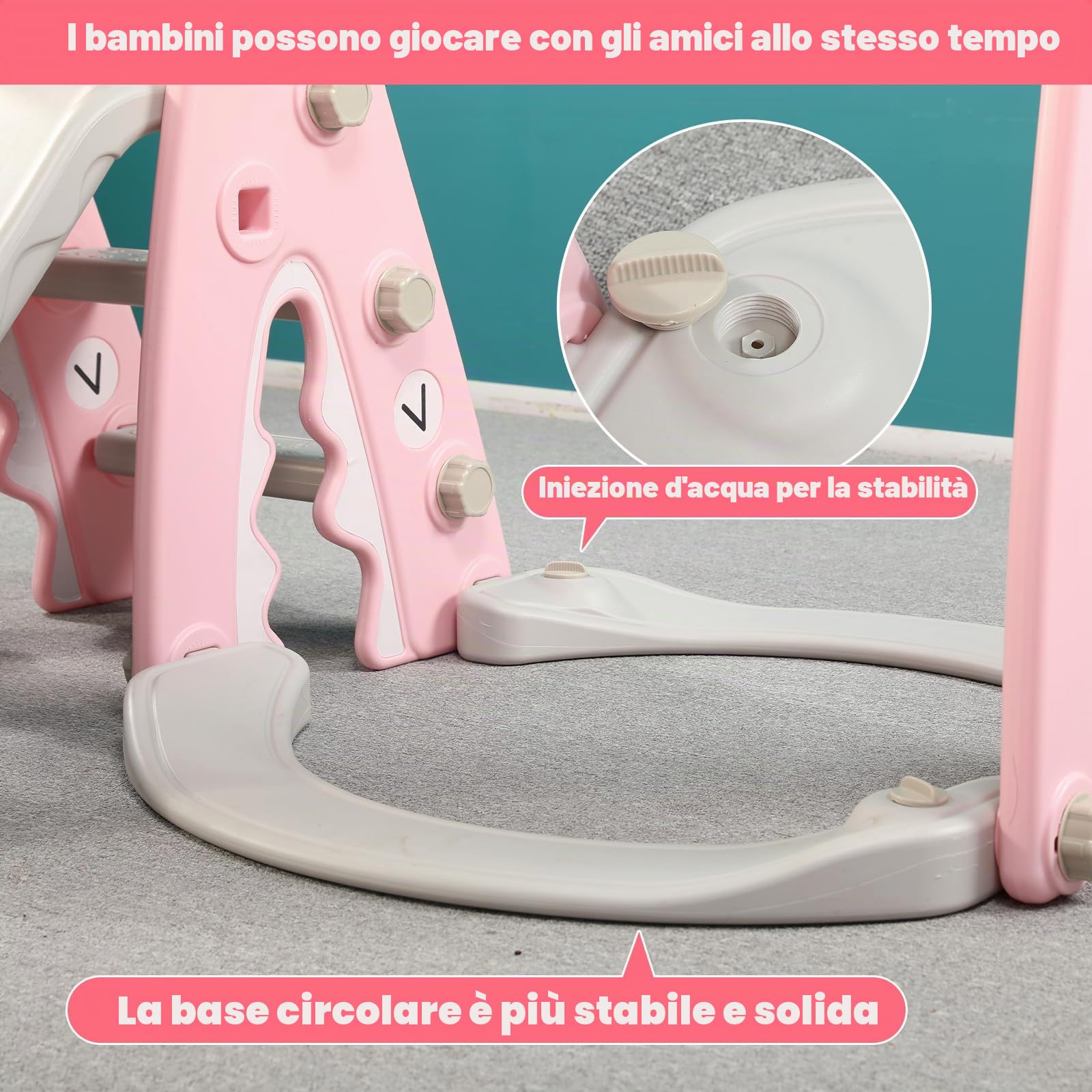 Scivolo per Bambini 4 in 1 Scivolo da Giardino con Altalena Regolabile e Cestino da Basket, Parco Giochi Esterno ed Interno per Bambini 18 Mesi + (Squalo+Rosa)
