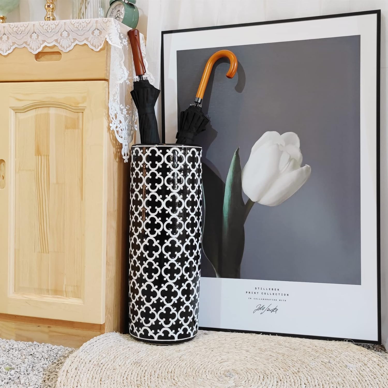 Porcelain Ceramic Umbrella Stand Holder Modern Style Floor Vase for Storage Canes Walking Sticks Golf Umbrella Mono-pods Tripod Bat Golf Club Gift Entryway Indoor 24" High Black&White - Image 7