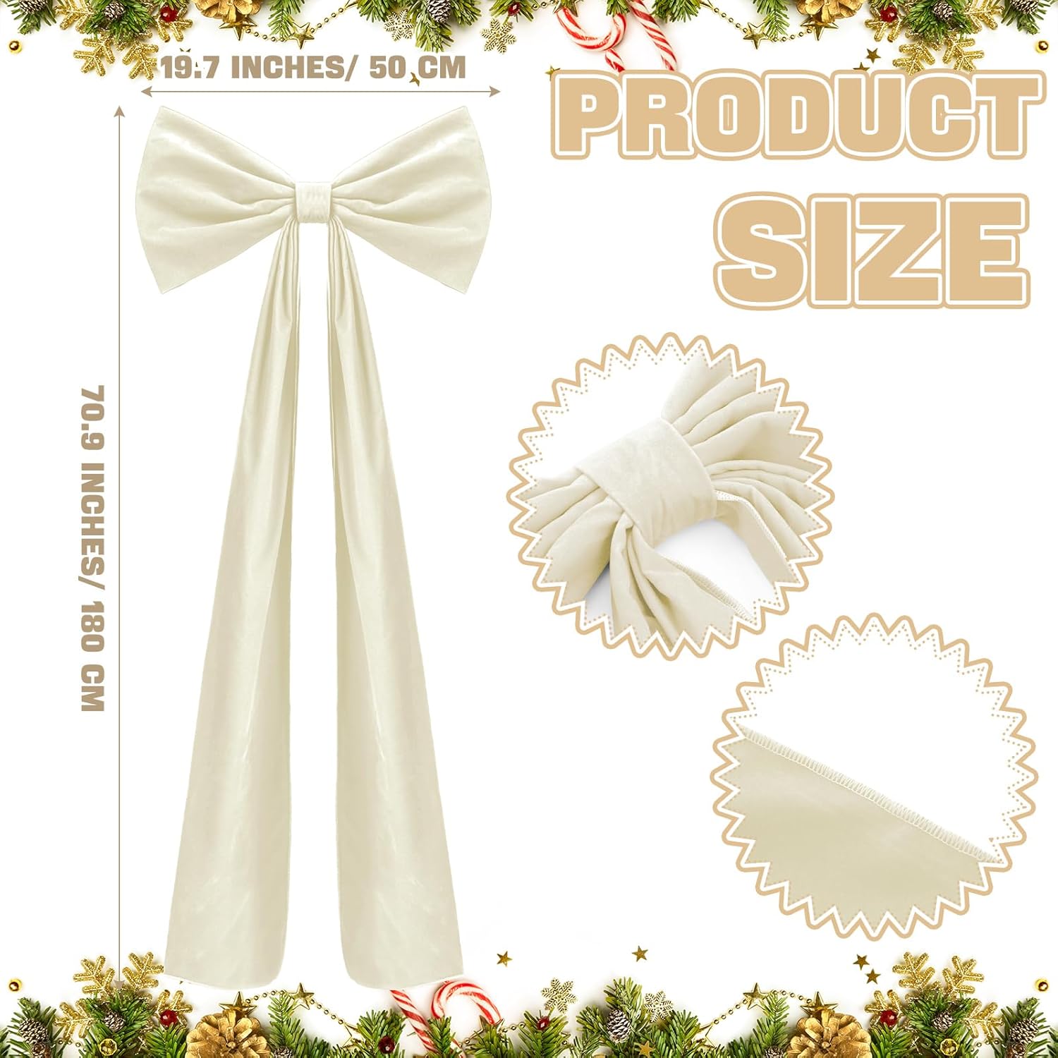 20 x 71 Inches Christmas Extra Large Velvet Bows Christmas Tree Topper Decor Giant Xmas Tree Toppers Bows for Home Wreath Wall Backdrop Birthday Wedding Party Decorations(Beige) - Image 2