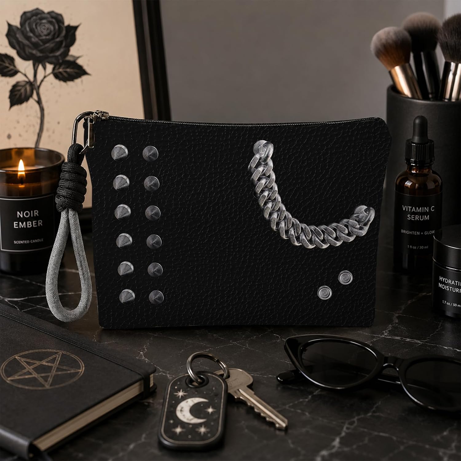 Dark Rivets Chain Makeup Bag for Women, Gothic Cosmetic Bag with Hand Strap, Lined Toiletry Pouch with Zipper For Women, Travel Organizer Bag for Essentials & Accessories - A04 image 3