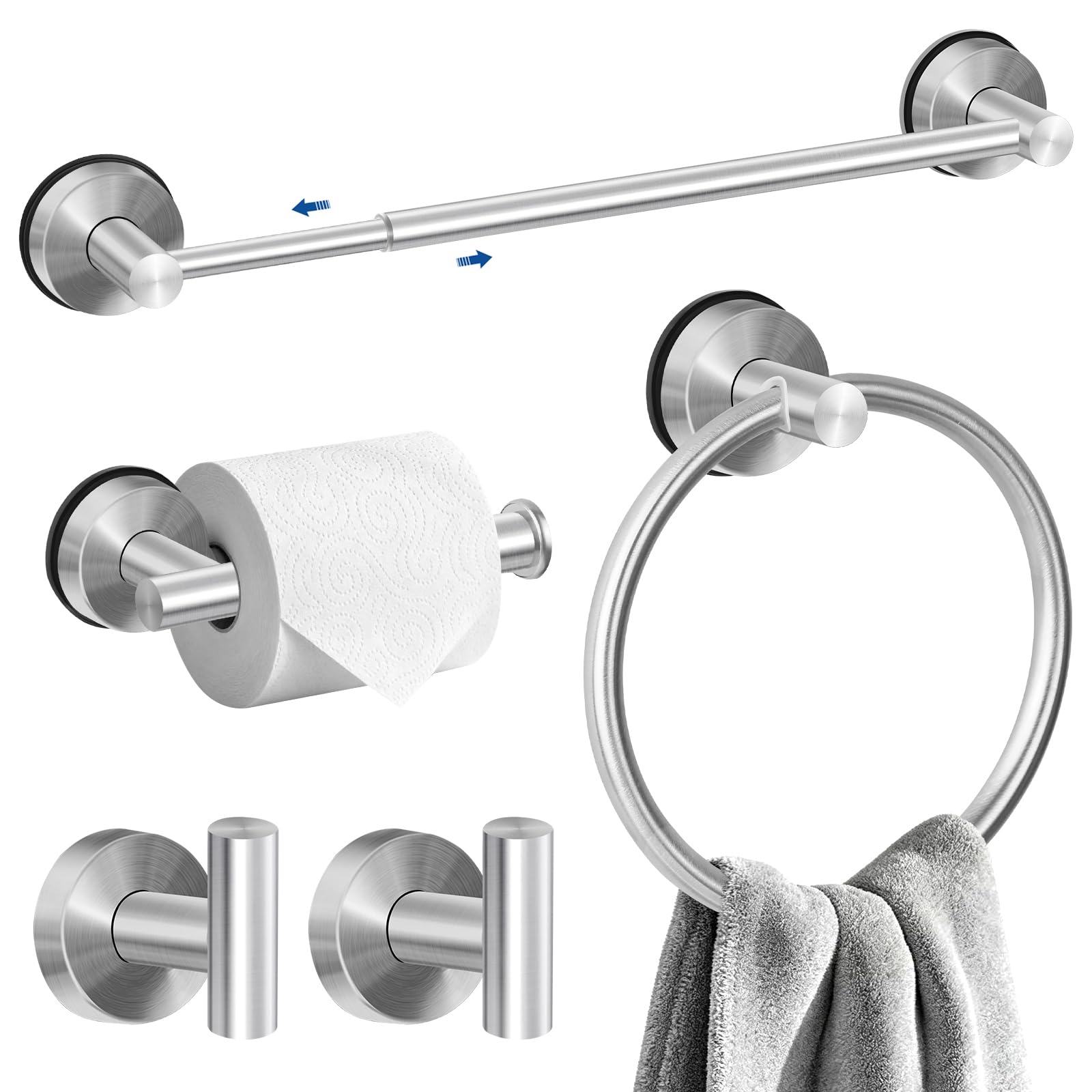 Brushed Nickel Bathroom Hardware Set, 14.6–24 Inches Suction Towel Bar Set