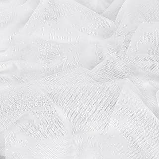 Entisn Glitter Tulle Fabric, 1 Yard x 60 Inch Wide Tulle Bolt White Tulle Netting with Silver Sequin, Soft Sparkly Tulle Fabric Bulk for Bridal Veil Wedding Decoration Tutu Skirt Gift Wrap