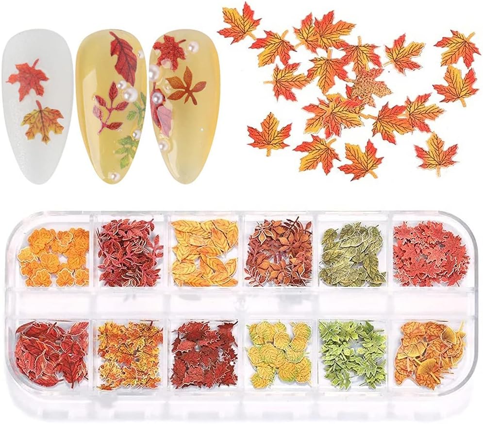 Fall Nail Decals, Fall Nail Art Glitters Maple Leaf Nail Stickers Nail Art Supplies Sequins 12 Grids Autumn Color Nail Art Accessories Flakes Wood Pulp Slices for Fall Nail Art Decorations and Crafts