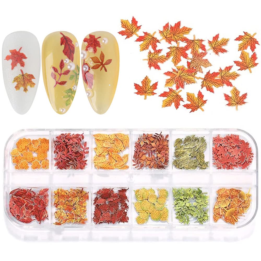 Fall Nail Decals, Fall Nail Art Glitters Maple Leaf Nail Stickers Nail Art Supplies Sequins 12 Grids Autumn Color Nail Art Accessories Flakes Wood Pulp Slices for Fall Nail Art Decorations and Crafts