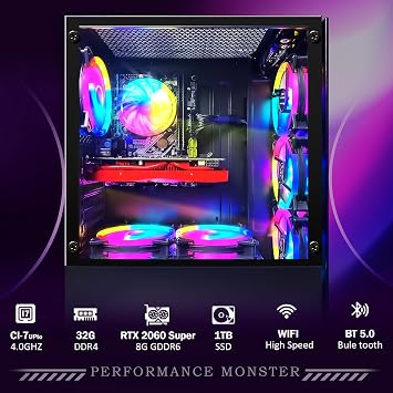 STGAubron Gaming PC Desktop, GeForce RTX 2060 Super 8G GDDR6, Intel Core i7-6700 up to 4.0G, 32G DDR4, 1T SSD, 600M WiFi, BT 5.0, RGB Fan x 6, Windows 11 Home