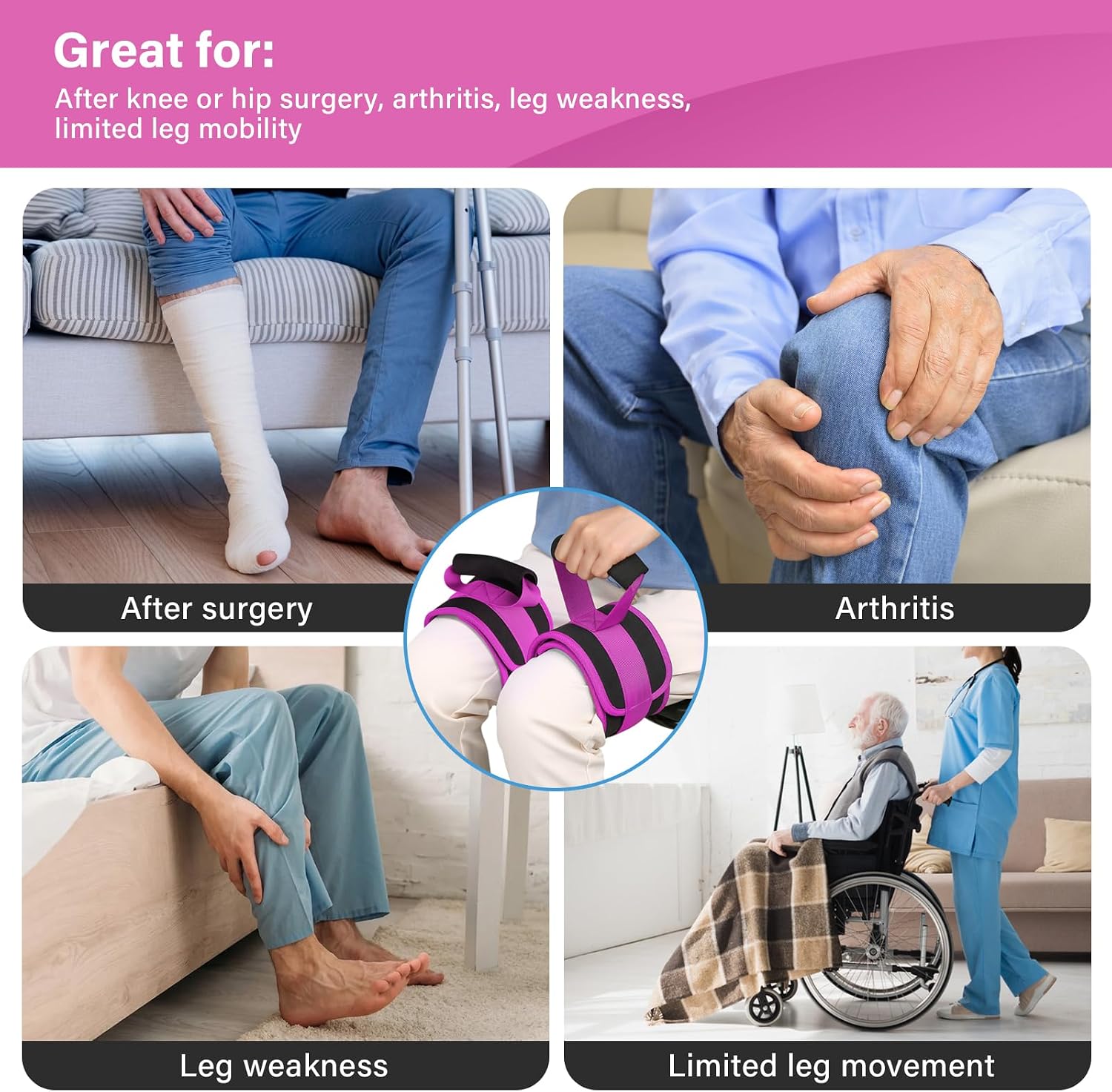 Leg Lifter Strap Set of 2 for Limited Mobility,Thigh Lifter Strap with Padded Grip and Loop,Knee Hip Surgery Recovery Aids for Disabled Eldly Get in and Out of Bed,Car,Wheelchair image 3