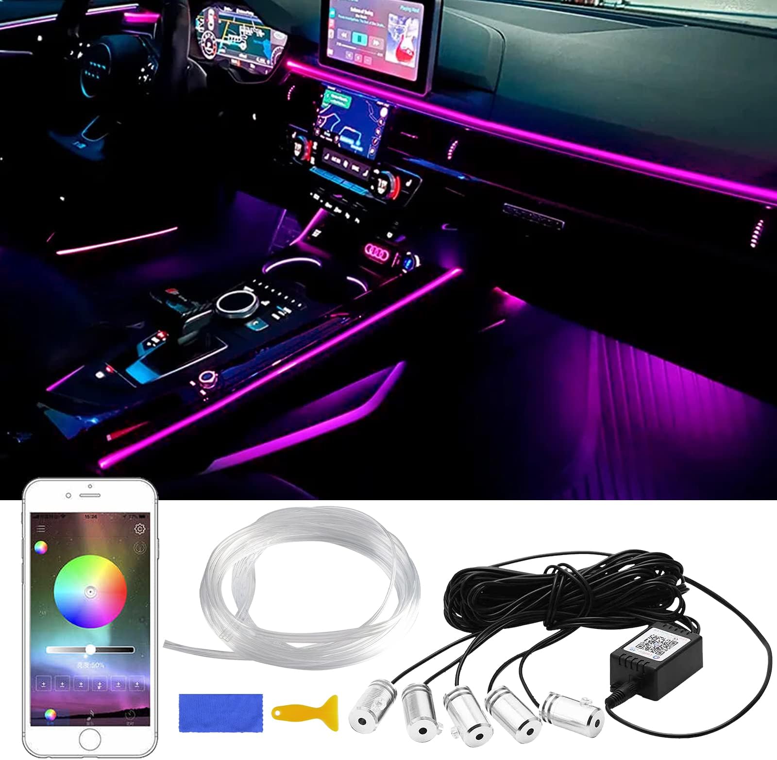 – Car LED Interior Strip Light, 5 in 1 16 Million Colors with 236 inches Fiber Optic, Multicolor RGB Sound Active Automobile Atmosphere Strip Ambient Lighting Kit Wireless Bluetooth APP Control