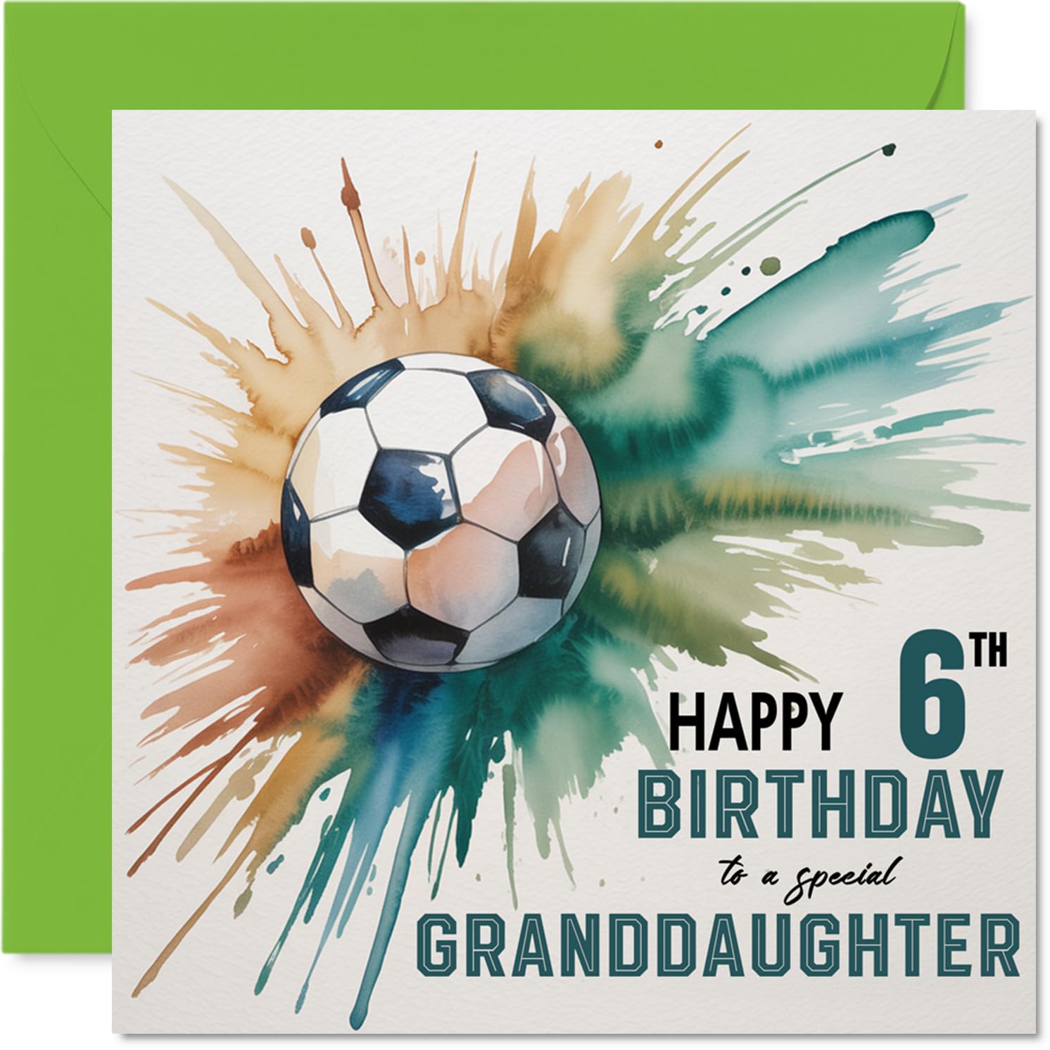 6th Birthday Cards for Granddaughter - Watercolour Football Splash - Happy Birthday Card for 6 Year Old Granddaughter from Grandad Grandma, 145mm Bday Greeting Cards