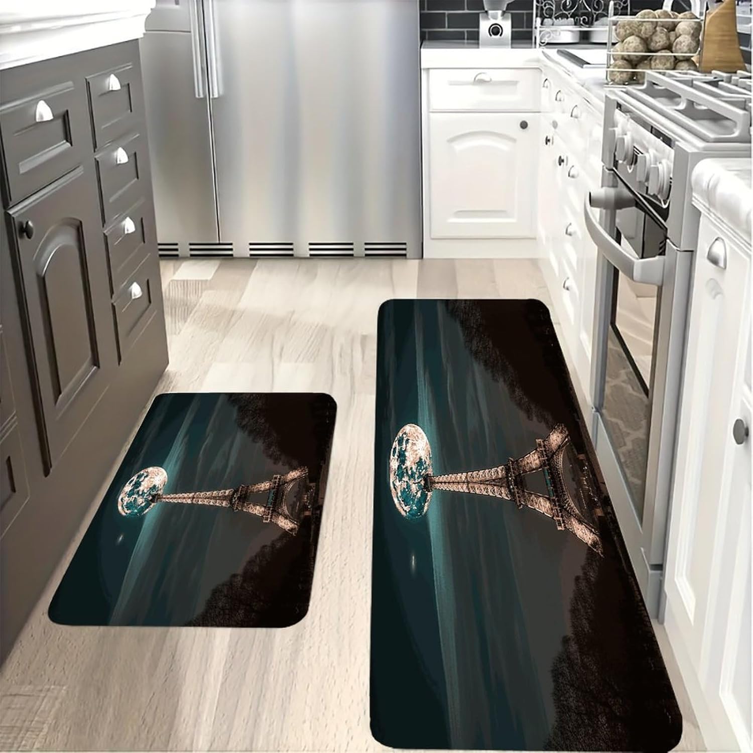 Full Moon Paris Eiffel Tower Kitchen Mats with 2PCS Non-Slip Washable,Kitchen Rug Heavy Duty Durable, Floor Mats for Kitchen,Office,Sink,Laundry