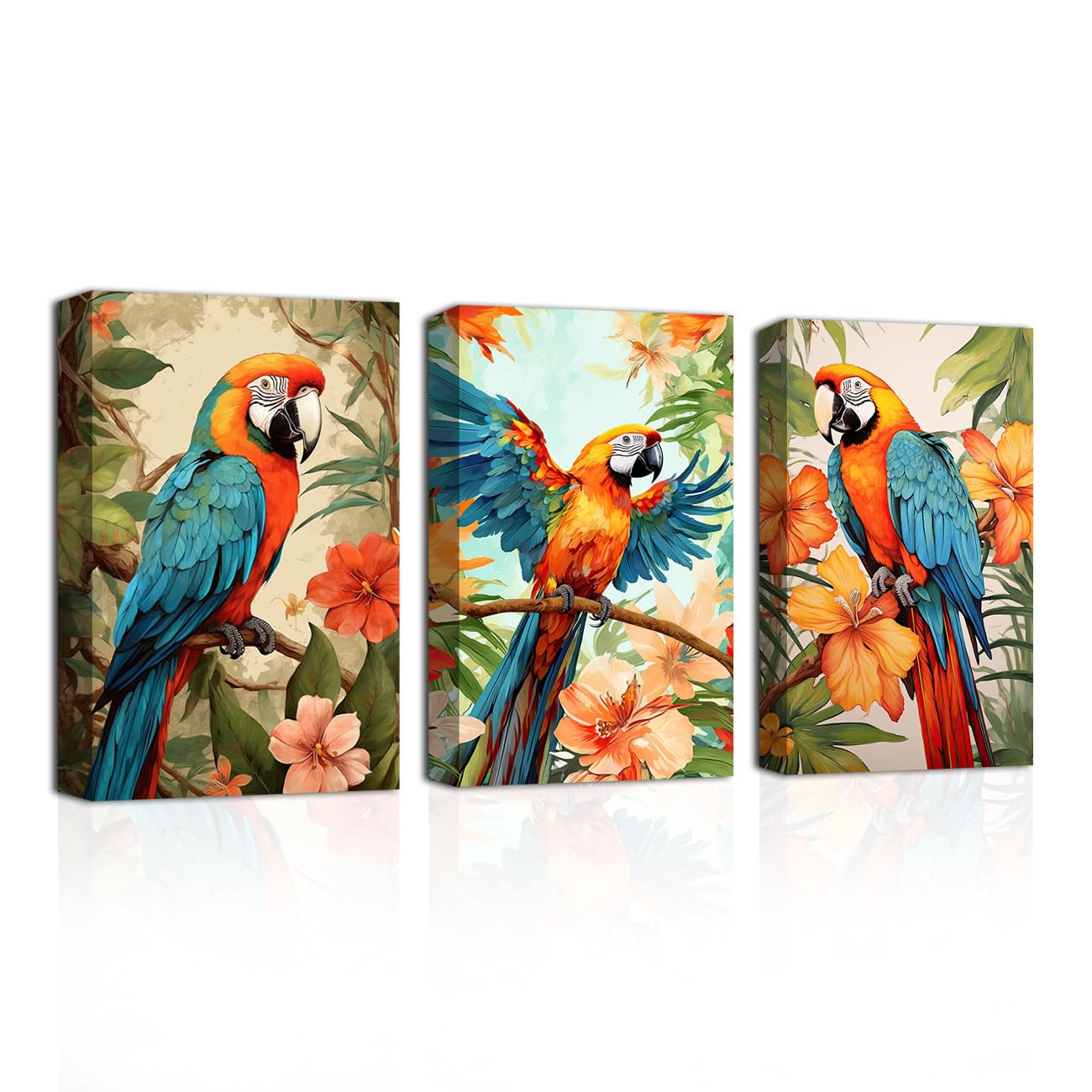 CXHOSTENT Parrot Pictures Decor Wall Art 3 Piece Colorful Birds Parrot on Branch Painting Prints Tropical Rain Forest Animal Canvas Art Frame (Parrot-1, 24.00"x36.00"x3P)