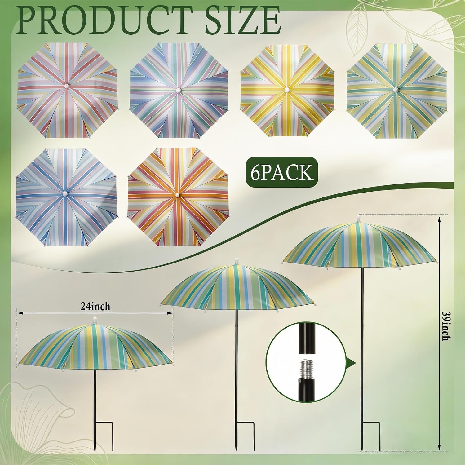 Hillban 6 Pack Plant Shade Umbrellas for Outdoor Plants 23.6" Large Garden Umbrella Shade for Potted Flower with Adjustable 40" H Sunshade Cover for Patio Garden Bed Flowers(Striped Pattern) image 2