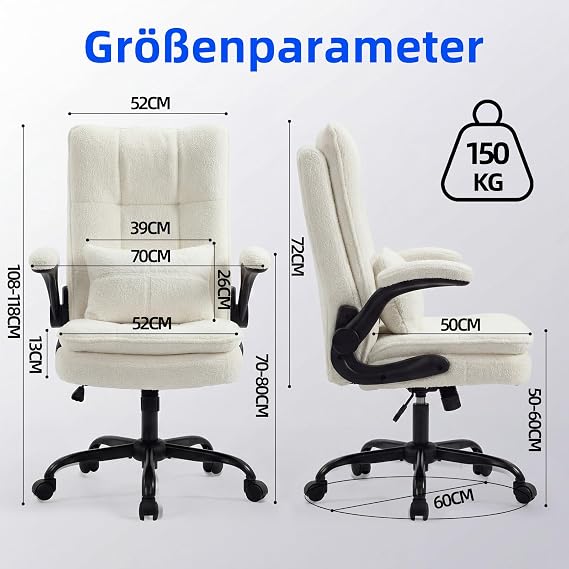 Ergonomic Office Chair [Test Winner] Desk Chair Teddy Fabric & High Backrest Height Adjustable & Rocker Function Executive Chair 150 kg Swivel Chair with Wheels PC Chair Cream White