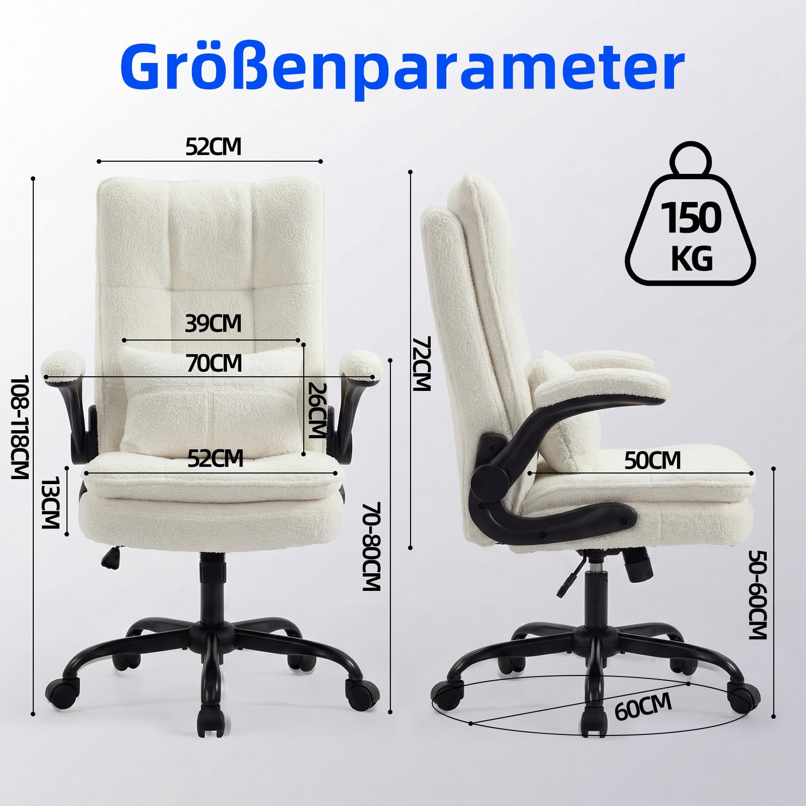Bürostuhl Ergonomisch Schreibtischstuhl mit Hochklappbare Armlehne | Lordosenstütze, Bürostuhl 150kg, Hochklappbaren Armlehnen, Höhenverstellbarer, 90°-125° Wippfunktion, 360°, Teddy-Stoff