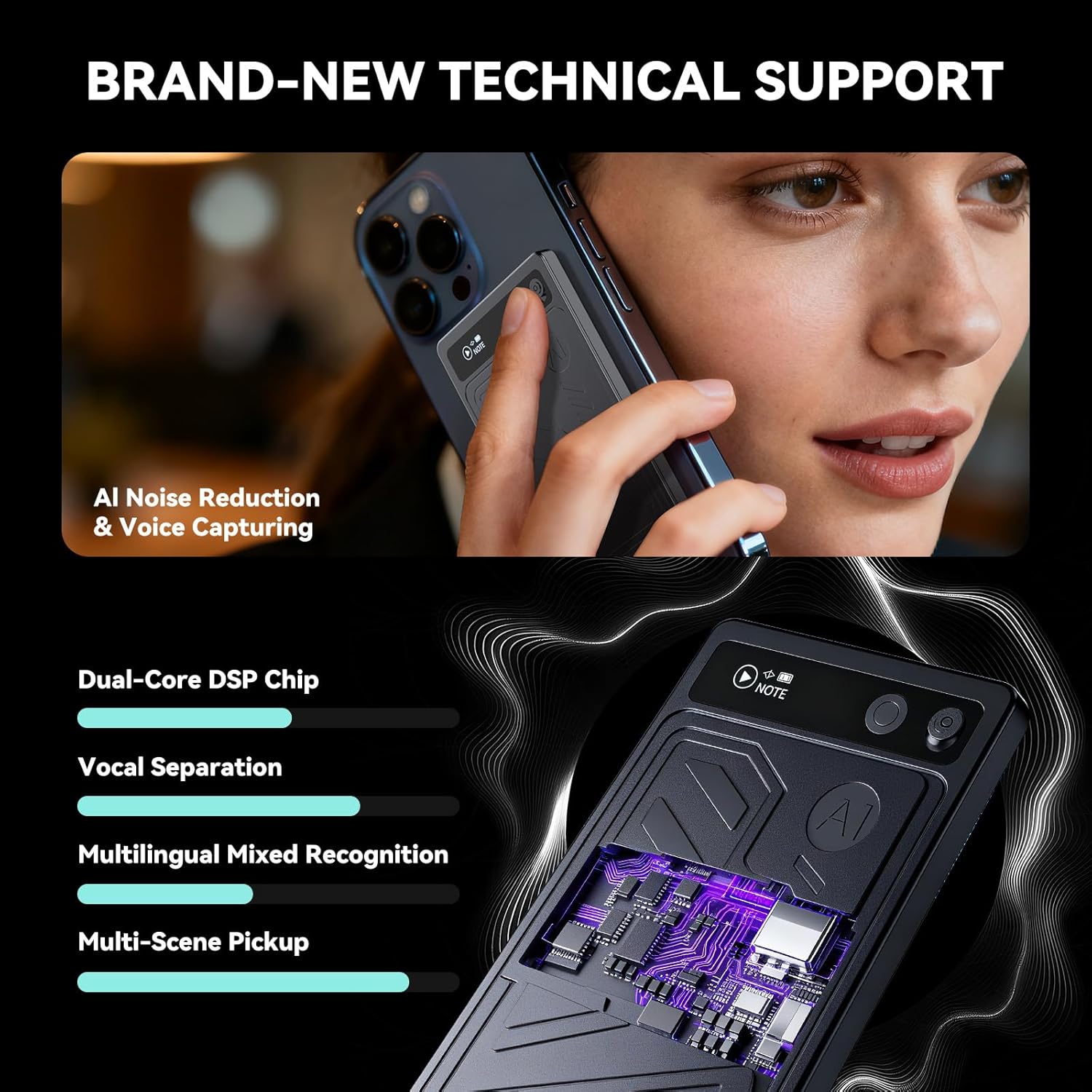 Close-up of the Hagibis AI Voice Recorder attached to a smartphone, illustrating AI noise reduction, voice capturing, dual-core DSP chip, vocal separation, multilingual mixed recognition, and multi-scene pickup capabilities.