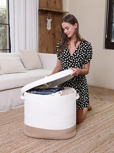 Miniatura 99 de Cesta de almacenamiento rectangular extragrande de 22 x 14 x 18 pulgadas con tapa, cesta de almacenamiento grande de cuerda de algodón, cesta