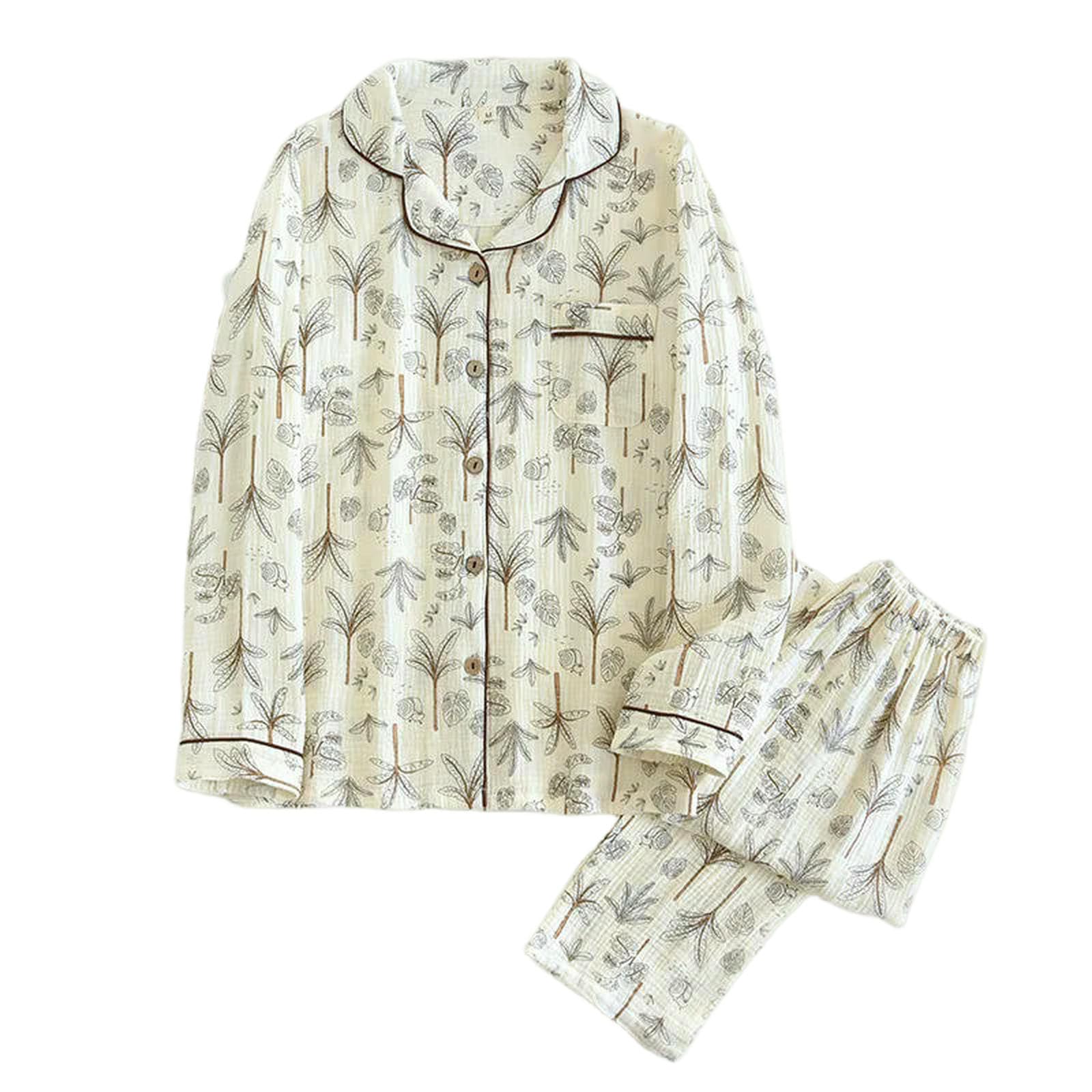 Pigiama Set da Donna Primaverile E Autunnale in Garza di Cotone A Maniche Lunghe Casual per La Casa Due Pezzi-005-2xl