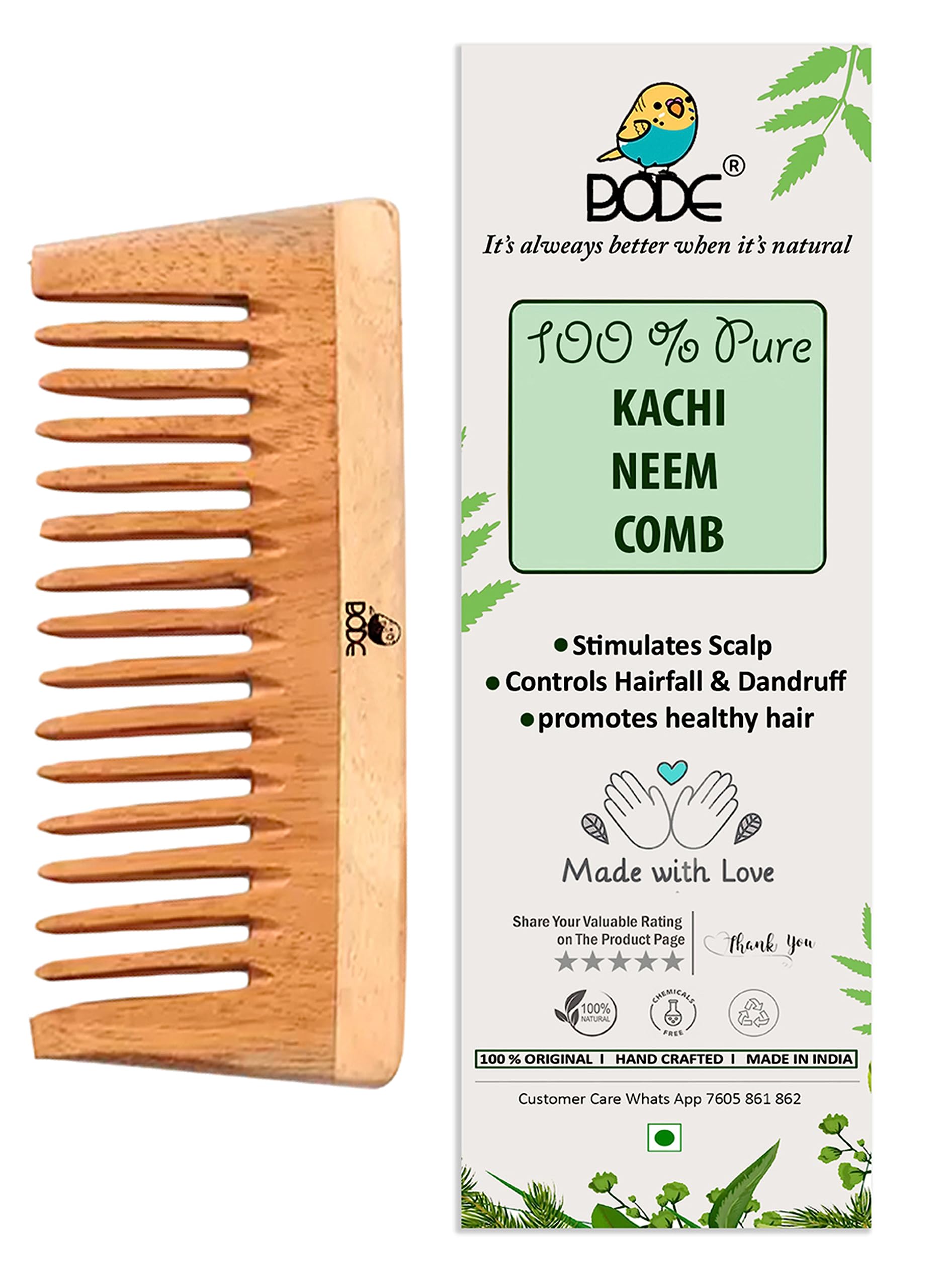 BODE Organic Neem Wooden Comb Wide Teeth for Tangle Free Curls, Healthy Scalp, Hair Growth, Hairfall & Dandruff Control for Men & Women (PRT- SHAMPOO joint)