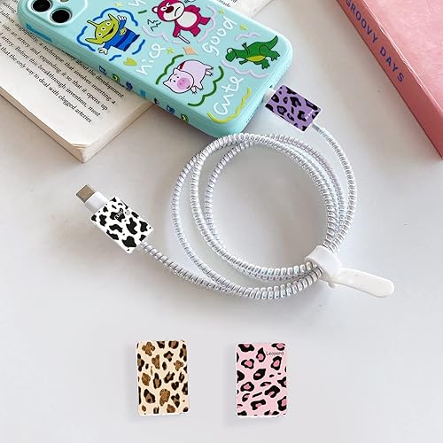 Miniatura 8 de Lindo protector de mordida de cable de dibujos animados para cargador de iPhone, kawaii amor, corazón, vaca, panda, patrón único, juego de 4