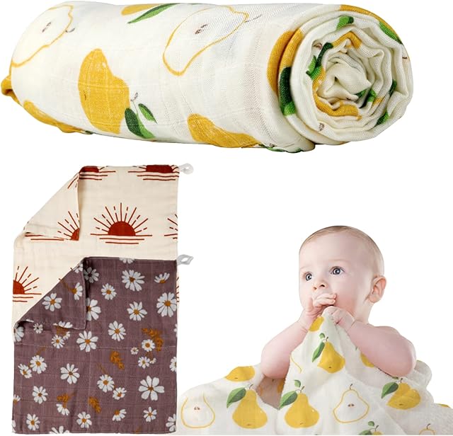 Tangula Muslin BlanketExtra Large Muslin Cloths for Baby 120cmX120cm,Soft Baby Bamboo Swaddle Wrap, Receiving Blankets for Boys & Girls (Pear)