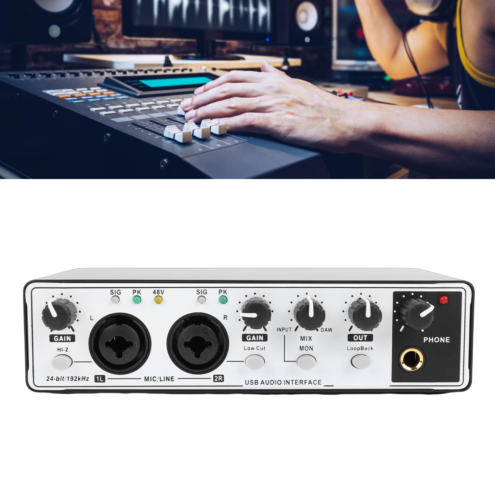 Annadue Interfaz de Audio USB C para Grabación, Streaming y Podcasting con 2 Entradas XLR/TRS, 24 Bits/192 KHz, Alimentación Fantasma de 48 V (blanco negro)