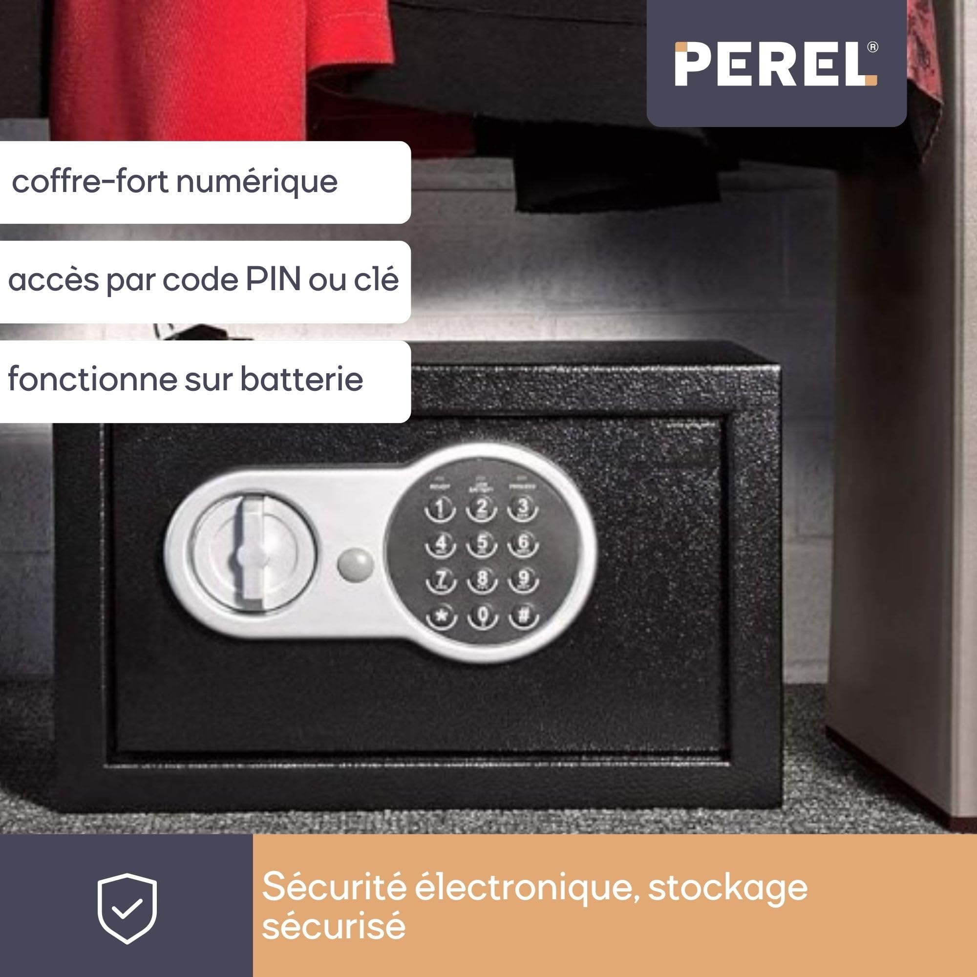 Perel Coffre-fort électronique avec code numérique et clé d’urgence, coffre en acier spacieux avec intérieur doux, mini coffre sécurisé pour bijoux, documents et argent, 20x31x20 cm