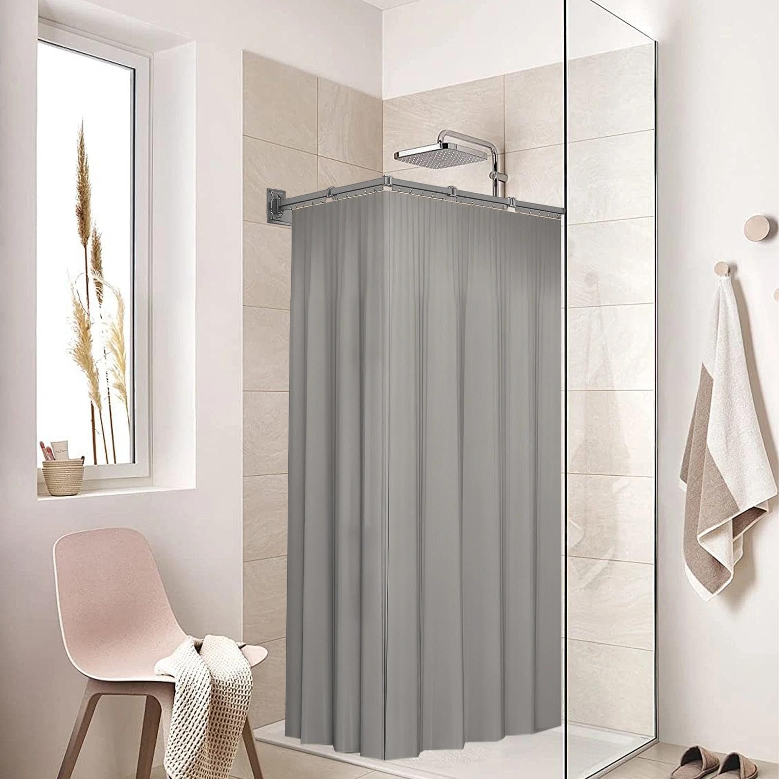 Barra Ducha Plegable 5 Pliegues con Cortina Incluida | Barra Cortina Ducha, Dos Métodos de Instalación, para Hogares, Hoteles y Gimnasios