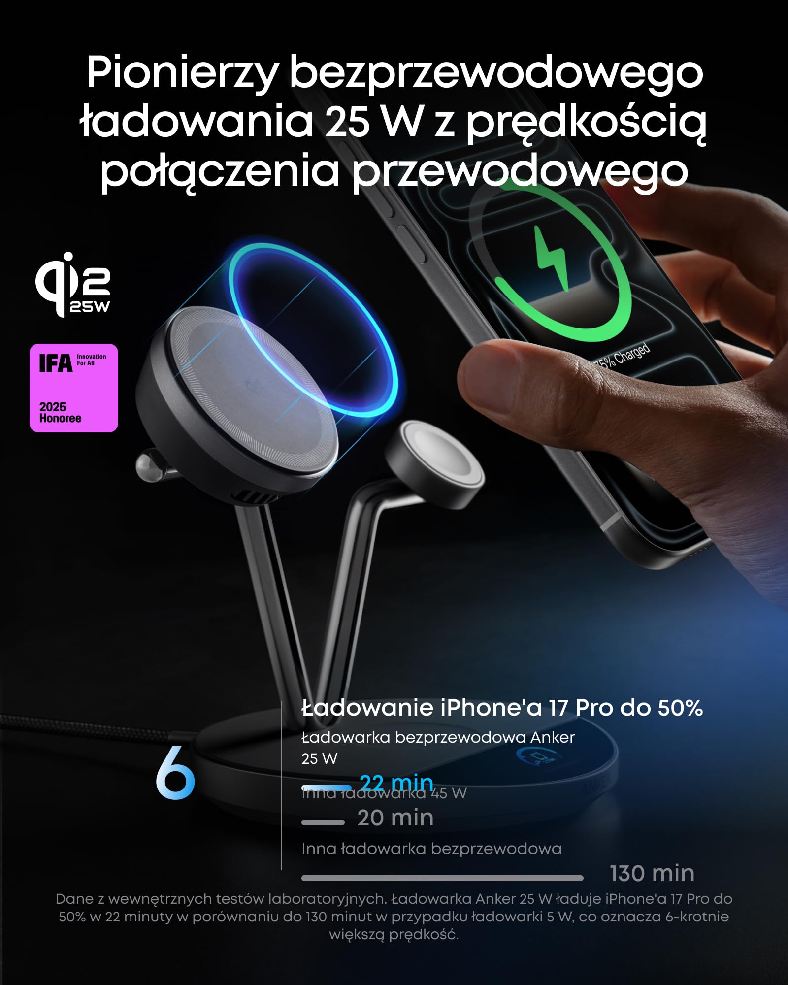 Anker Prime Ładowarka kompatybilna z MagSafe 3-w-1, certyfikowana stacja ładowania bezprzewodowego Qi2 25W z inteligentnym wyświetlaczem i aktywnym chłodzeniem TEC, dla iPhone 17, Apple Watch, AirPods