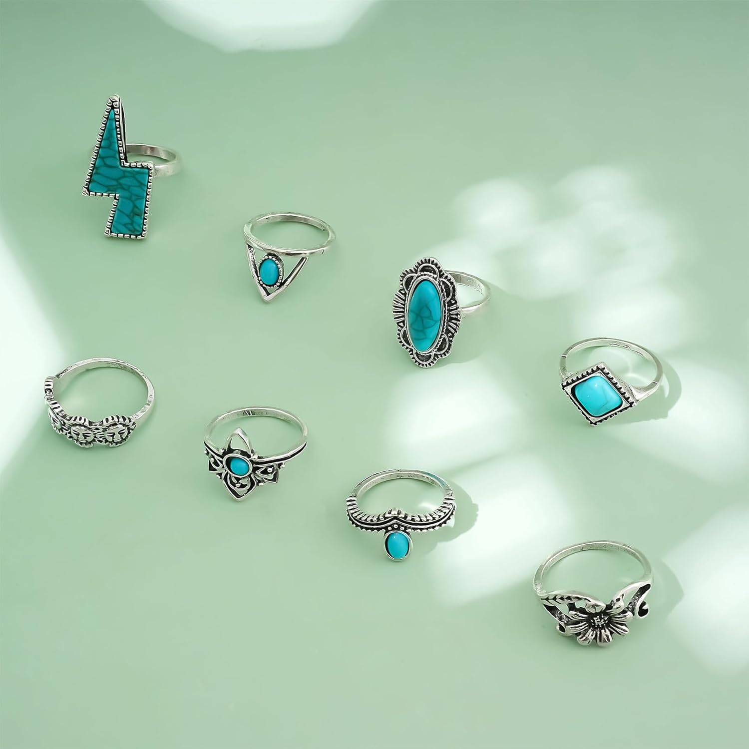 XAM 8Pcs Bohemian Turquoise Ring Set for Women Vintage Oval Gemstone Rings Pack Western Jewelry Lightning Sunflower Stackable Joint Knuckle Jewelry - Image 5