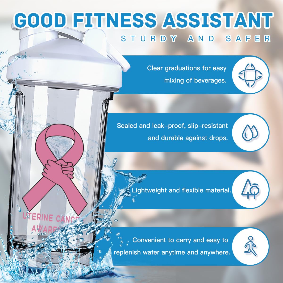 Uterine Cancer Awareness 18 Ounce Shaker Cup,Fashion Theme Pattern Shaker Bottle Leak-proof Workout Shake Bottles 500ML/18 oz Perfect for Pre Workout