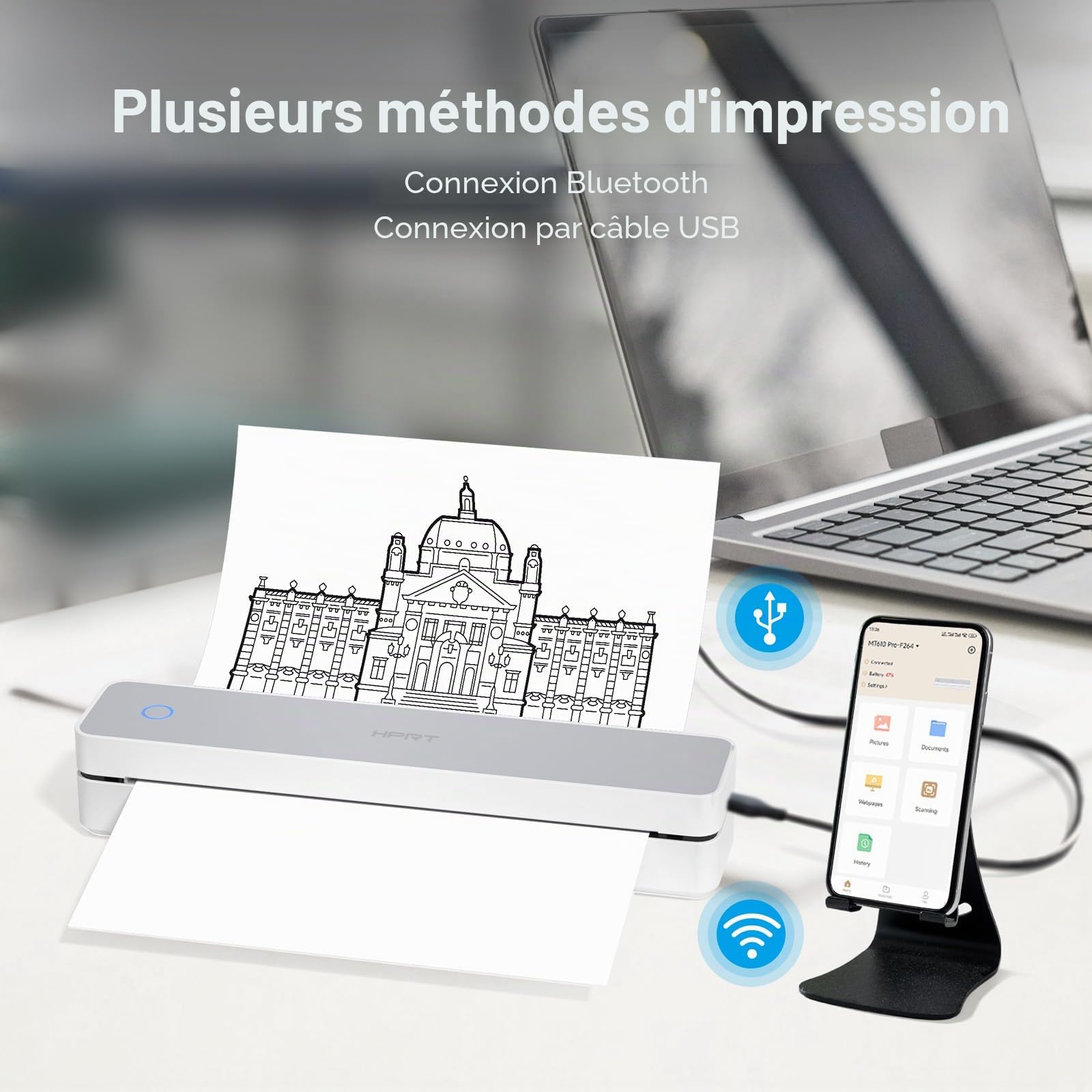 HPRT Imprimante portable sans fil pour voyage, prend en charge le papier thermique A4 et lettre américaine 8,5 x 11, 300 DPI Bluetooth sans encre, compatible avec téléphone et ordinateur portable