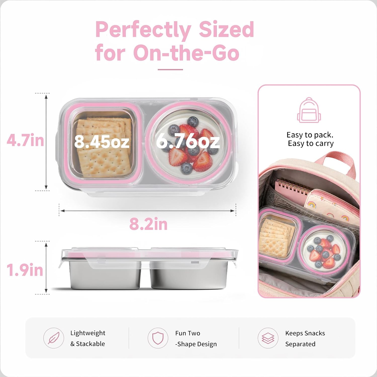 3 Pack 15oz Stainless Steel Snack Containers, Reusable 2 Compartment Snack Box, Leakproof Metal Snack Containers Featuring Round and Square Sections (Pink) image 4