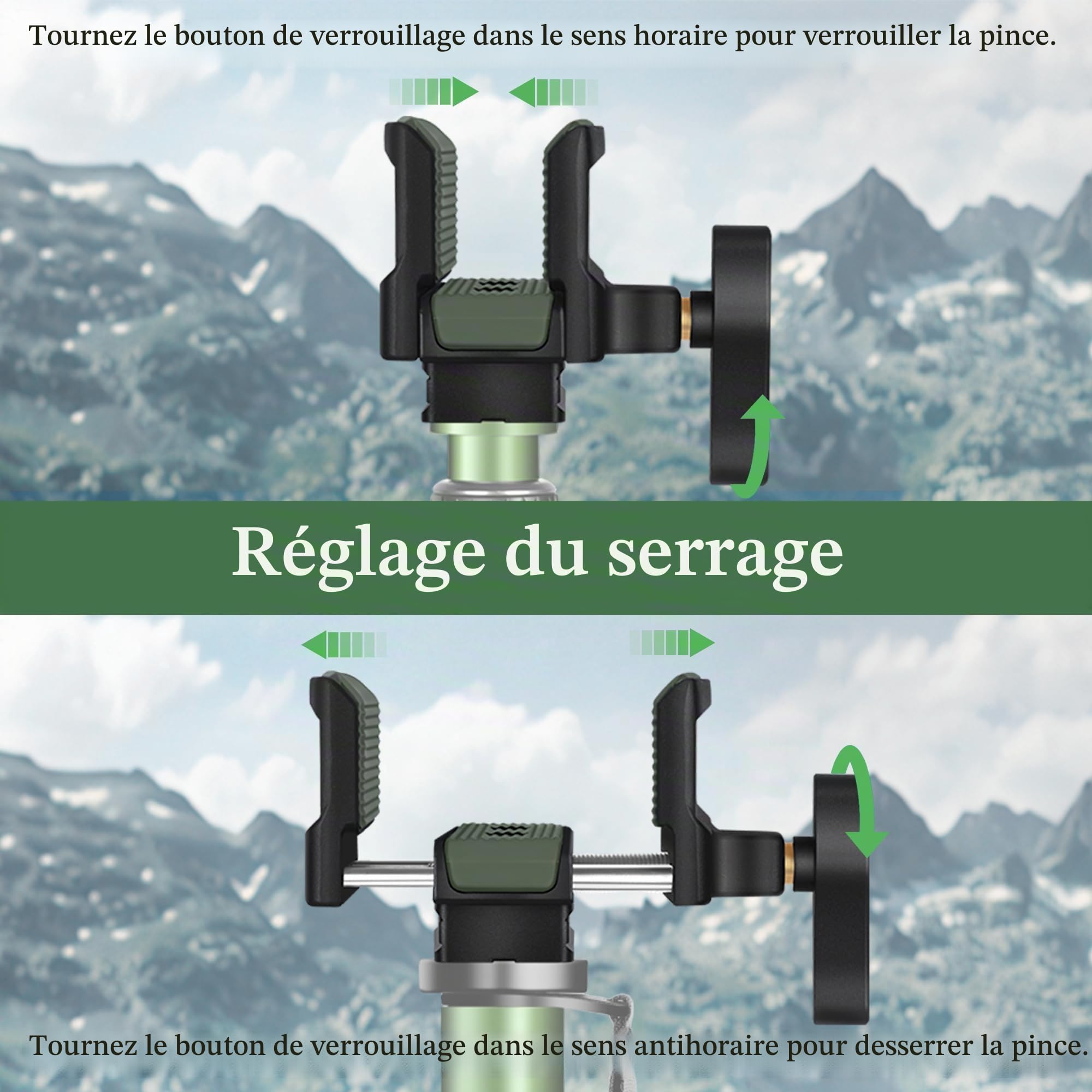 Manbily U-7 Tête de trépied pour trépieds de tir, support universel en alliage d'aluminium, 6,35 mm et 9,5 mm et base compatible Arca-Swiss pour monopodes, vert