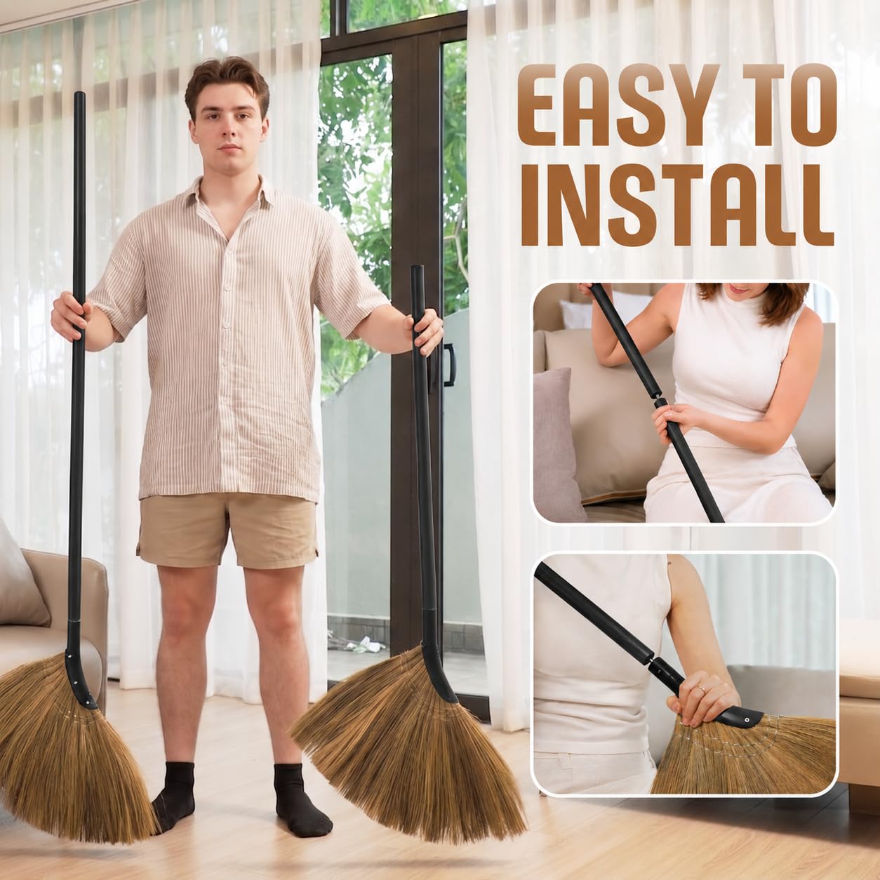 Vietnamesischer Strohbesen – Indoor-Grasbesen – Kehrhand mit schwarzem langem Griff, Besen für Haus, Garage, Büro, Lobbyraum, Küche mit 144 cm Länge