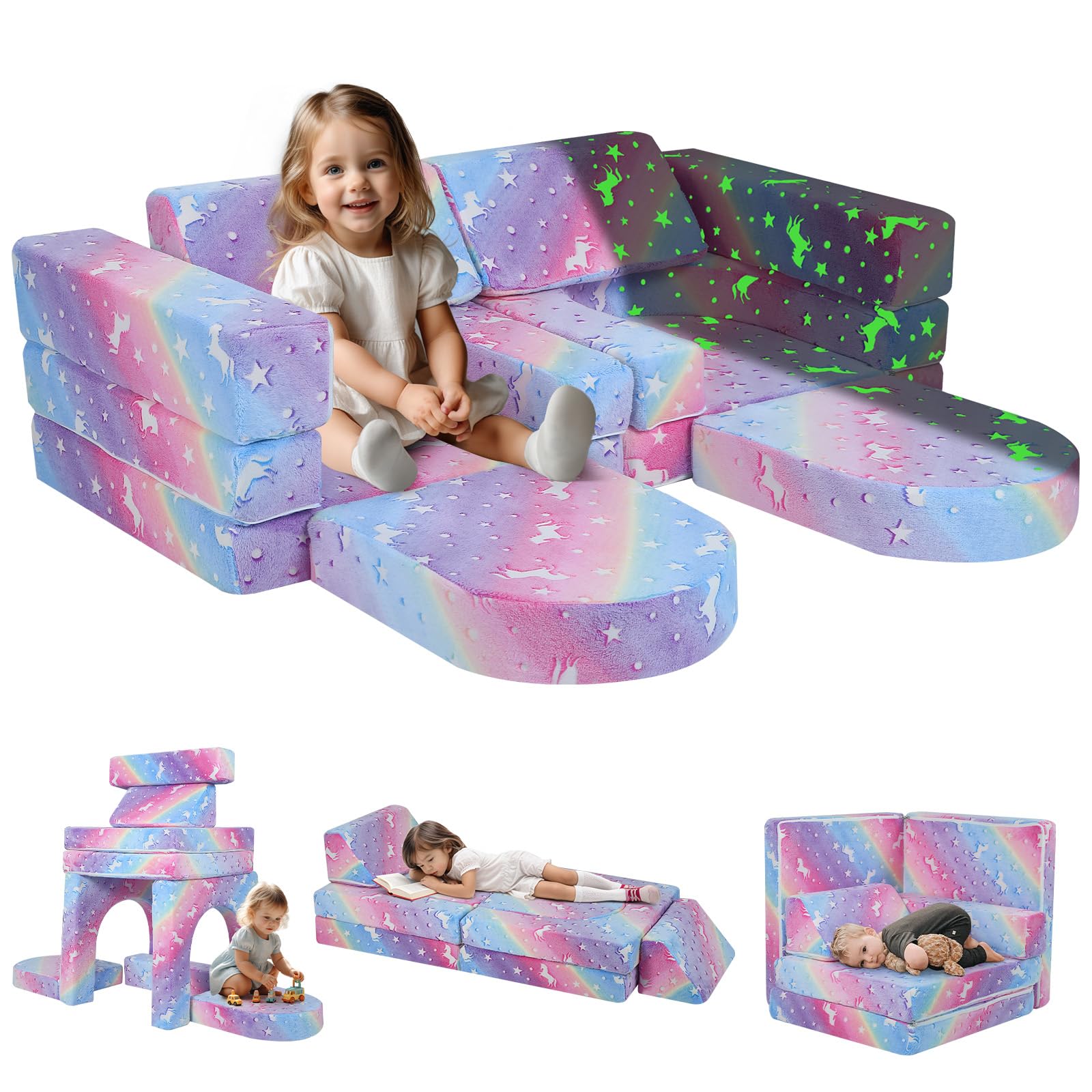 MeMoreCool 10-Piece Kids Couch Sofa, Modular Toddler Couch Glow Sofa Bed for Playroom Bedroom, Fold Out Play Couch for Girl Boy, Kids Convertible Sofa Sectional Foam Playset, Rainbow