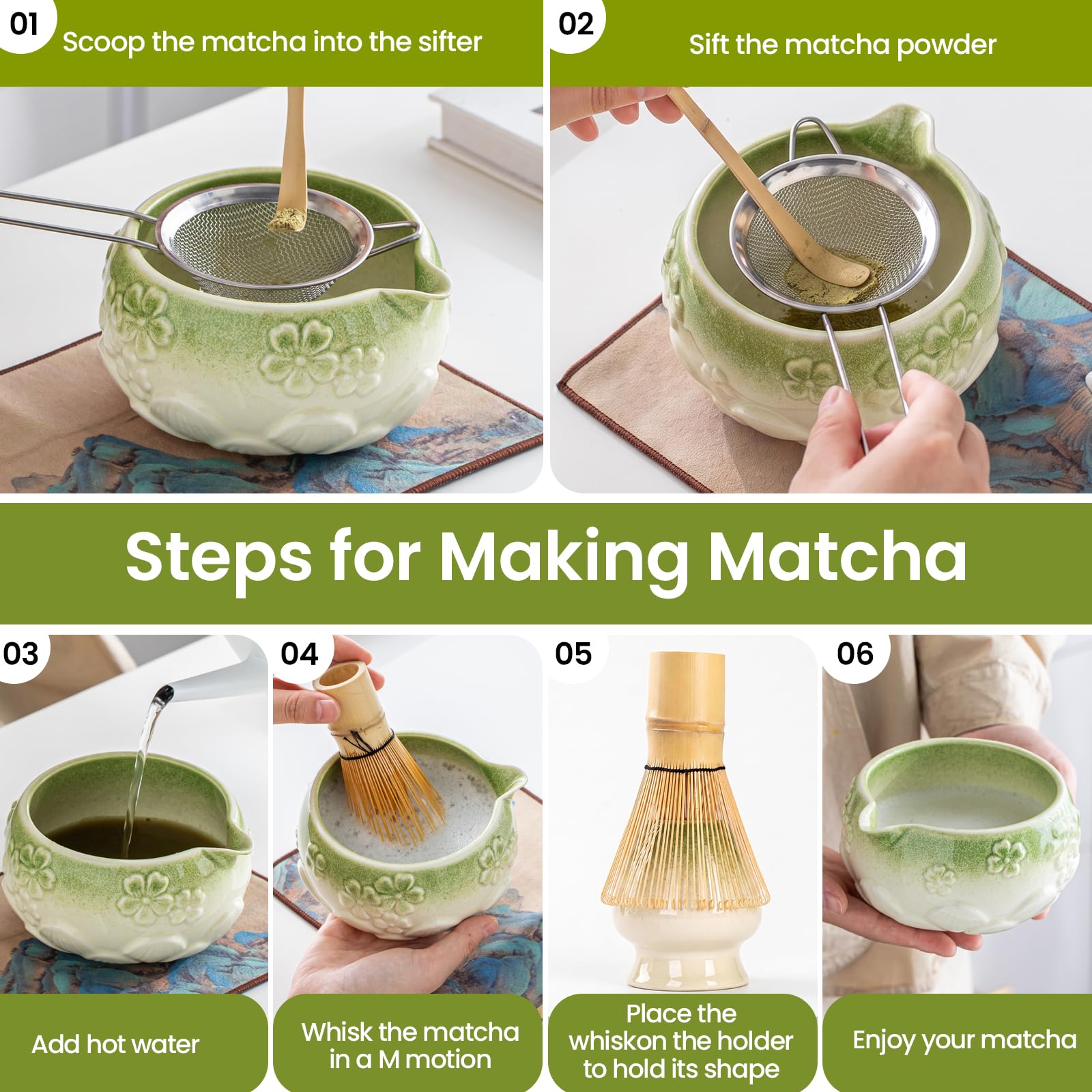 Juego de 8 batidores matcha (verde degradado)