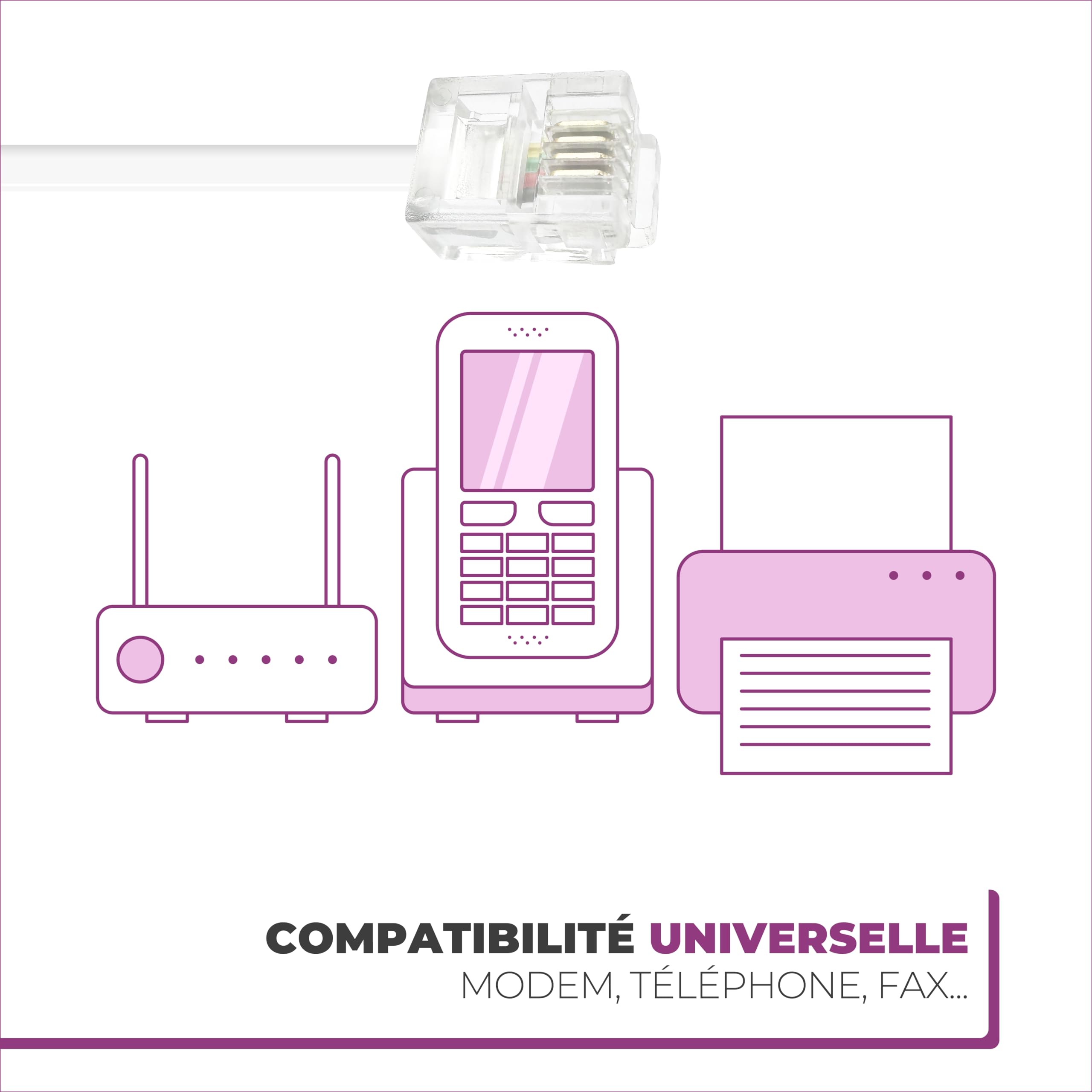 Câble ADSL RJ11 10M Cordon Téléphonique Modulaire 6P4C Plat ISDN DSL VDSL Blanc