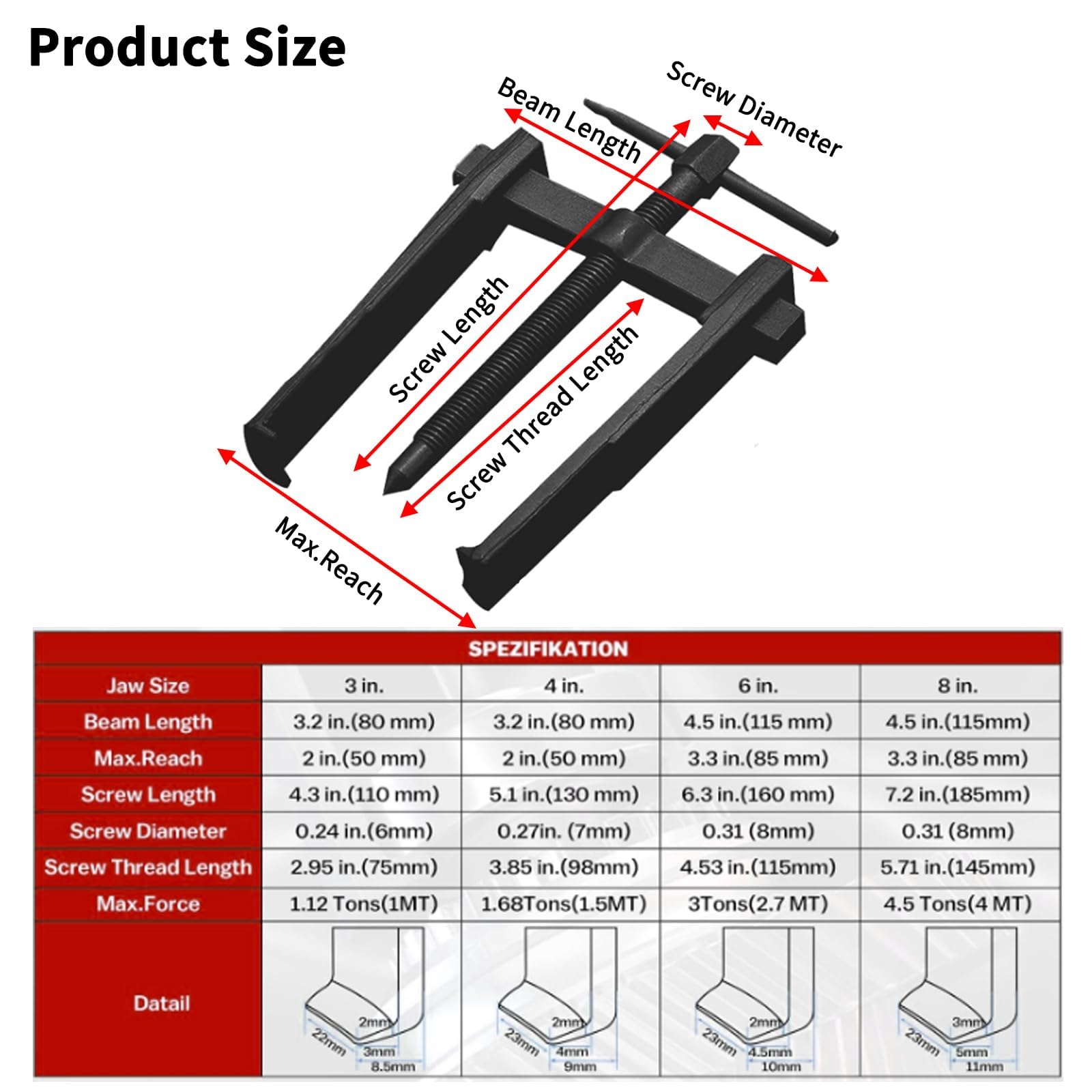 Kit de extractor de rodamientos de dos mordazas, extractor de engranajes de 3'', 4'' y 6'', patas gemelas ultrafinas, rango de 20 a 85 mm, capacidad de 1 a 4,5 toneladas, para ruedas, motocicletas,