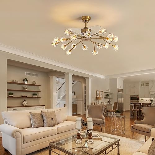 Miniatura 6 de Siljoy Ventilador de techo moderno de cristal dorado de 42 pulgadas con luz y control remoto, 18 luces retráctiles, lámpara Sputnik con aspas