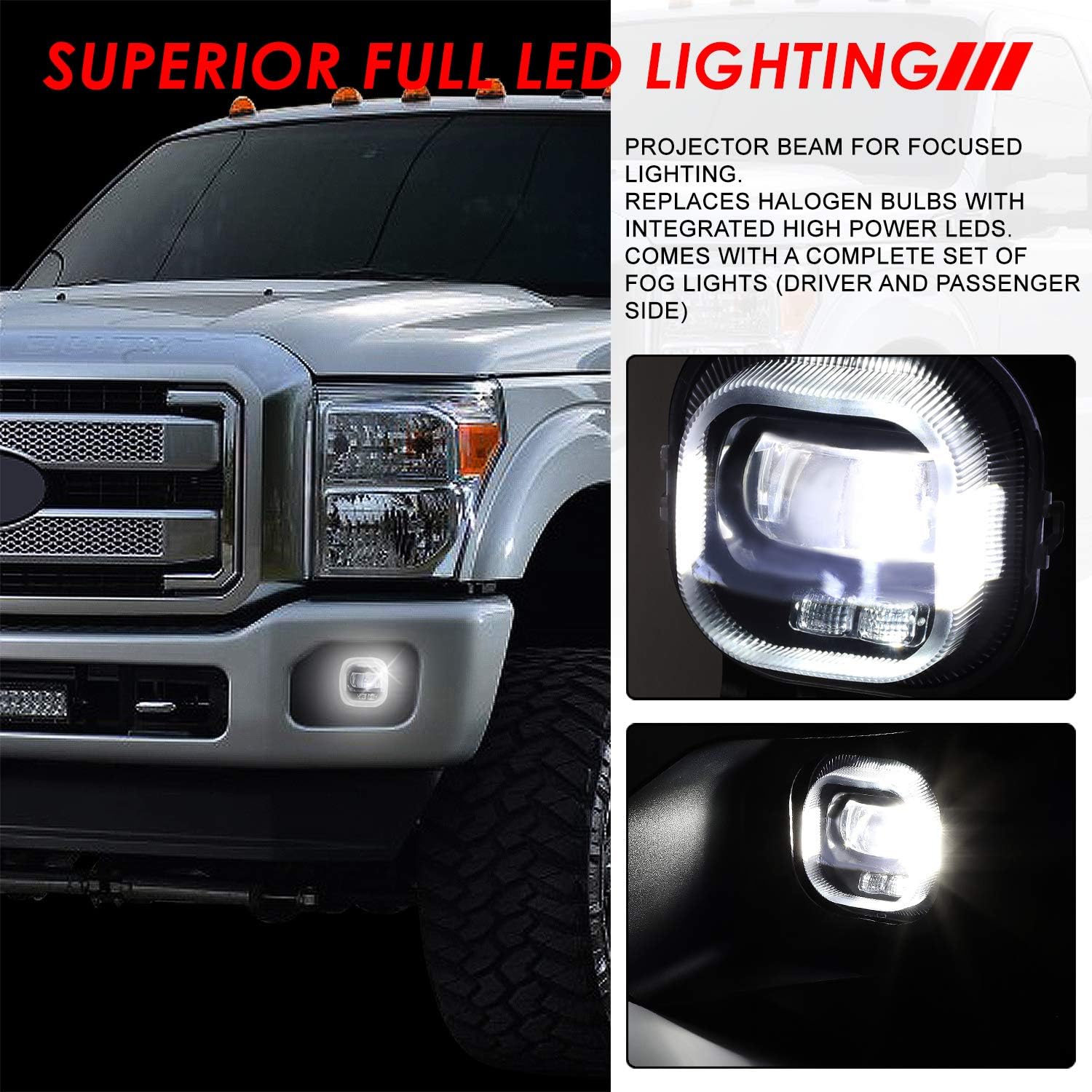 Auto Dynasty LED Fog Lights Assembly Compatible with 2011-2016 Ford F250 F350 F450 F550 Super Duty, Fog Lamp with Switch Replacement, Driver Passenger Side, Chrome Housing Clear Lens