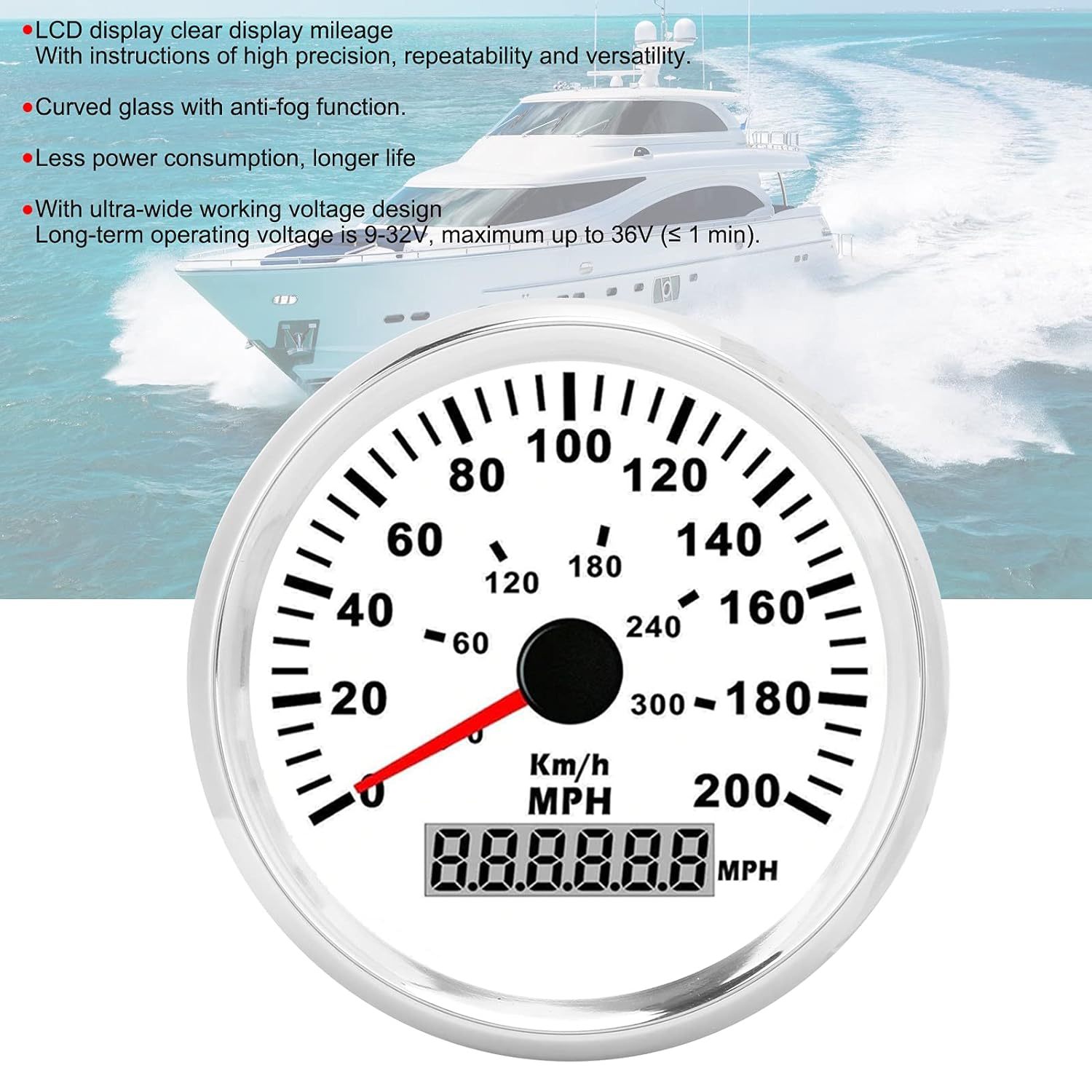 85mm GPS Speedometer Odometer 200MPH 0 to 300 KMH for 12V 24V Boat Yacht Car Engine, IP67 316L Stainless Steel Gauge with Red Backlight, Anti Fog Curved Glass, Stepper Motor